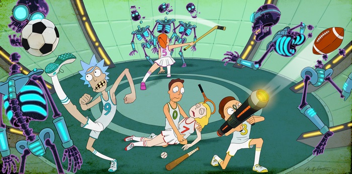 Rick and Morty in a sports arena with robots