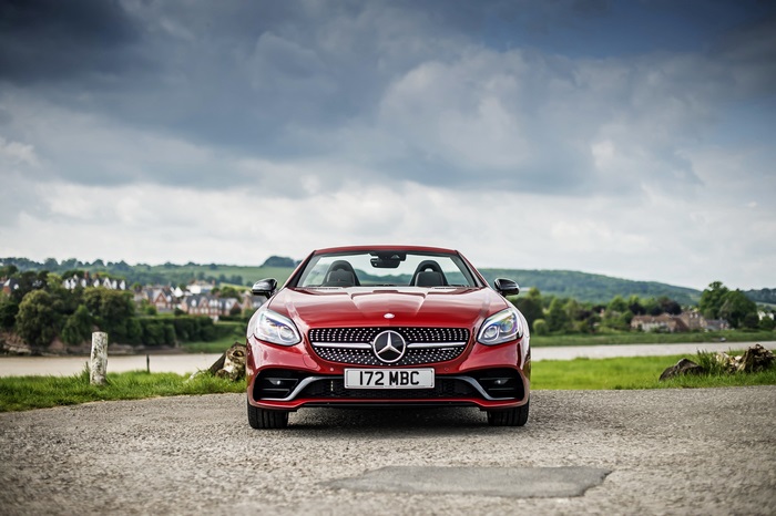 Red Mercedes-Benz SLC convertible car