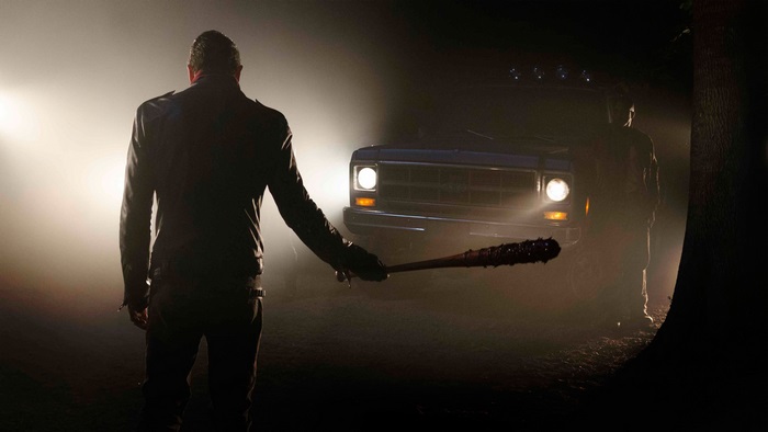 Negan Holding Barbed Wire Bat Dark 4K Scene