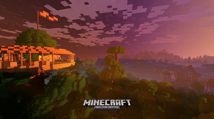 Minecraft 4K Sunset Over Treehouse in Forest