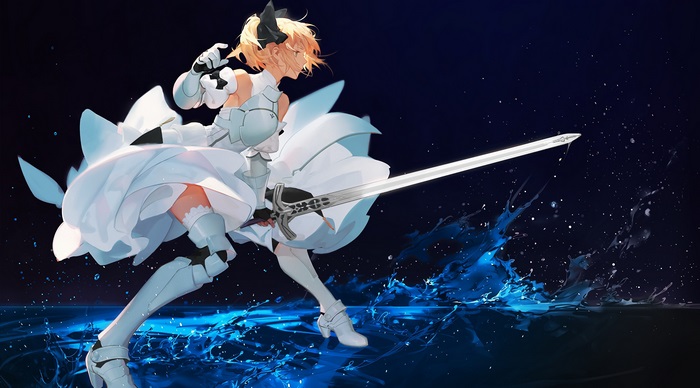 4K Anime Girl in Armor with Sword and Blue Energy