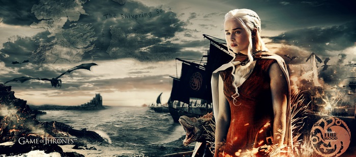 Daenerys Targaryen from Game of Thrones with dragons and ships