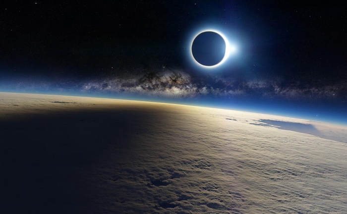 Solar Eclipse Over Earth with Milky Way
