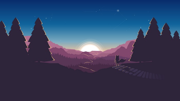 Fox watching sunset over mountains and forest