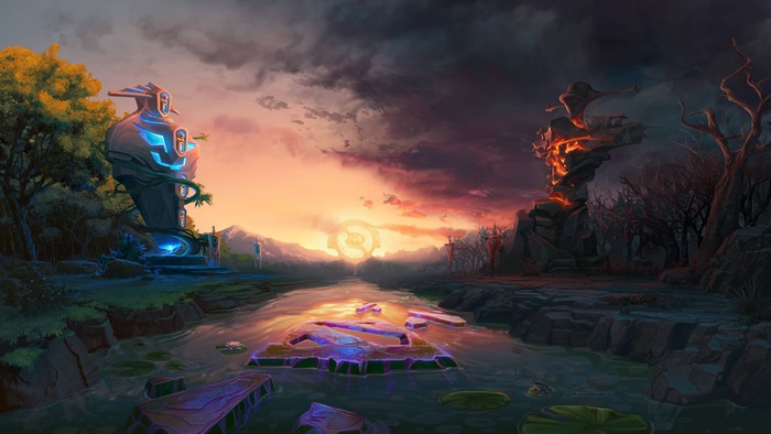 DOTA 2 Stone Statues at Sunset Fantasy Landscape 4K