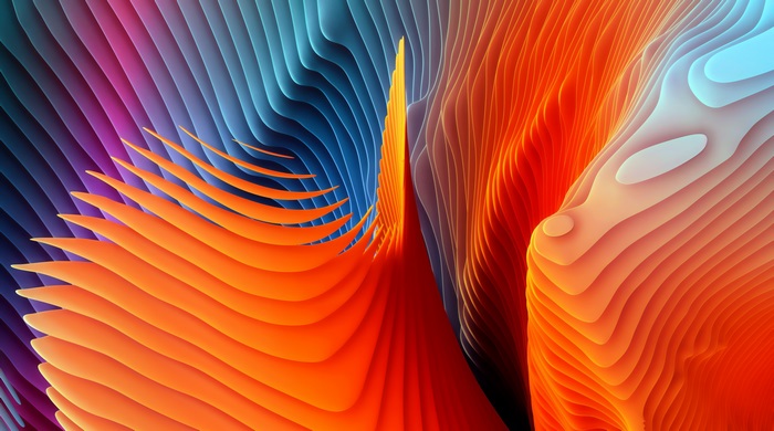 Abstract layered waves in orange, blue, and purple 4K