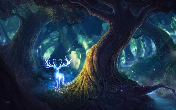 Magical glowing deer in a dark forest