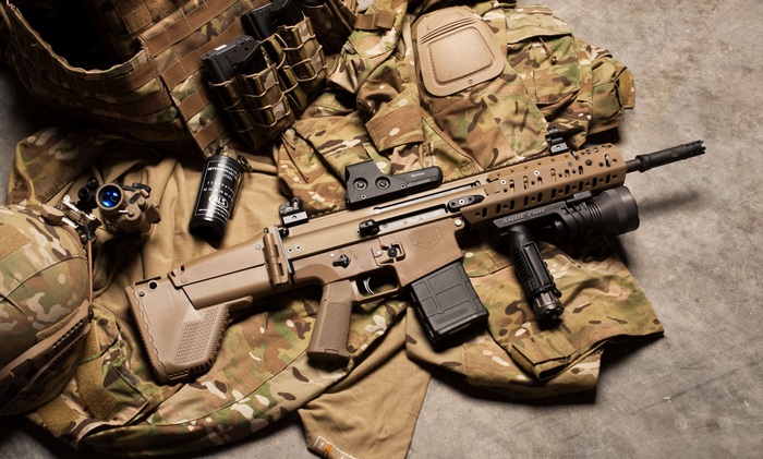 FN SCAR Tactical Rifle 4K Close-Up on Camouflage