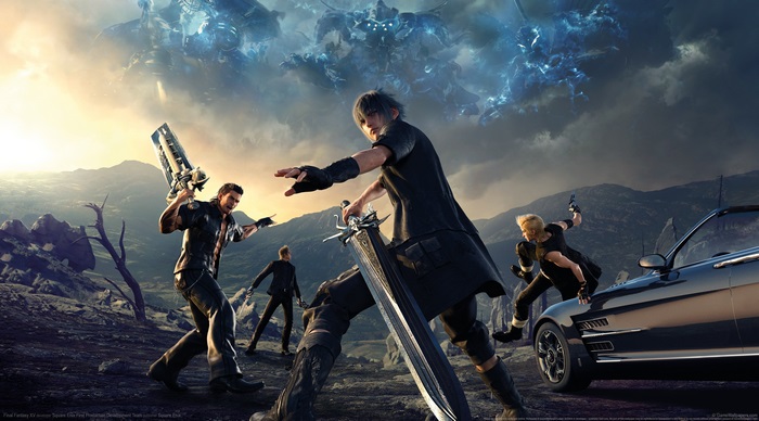Final Fantasy XV characters fighting a giant monster