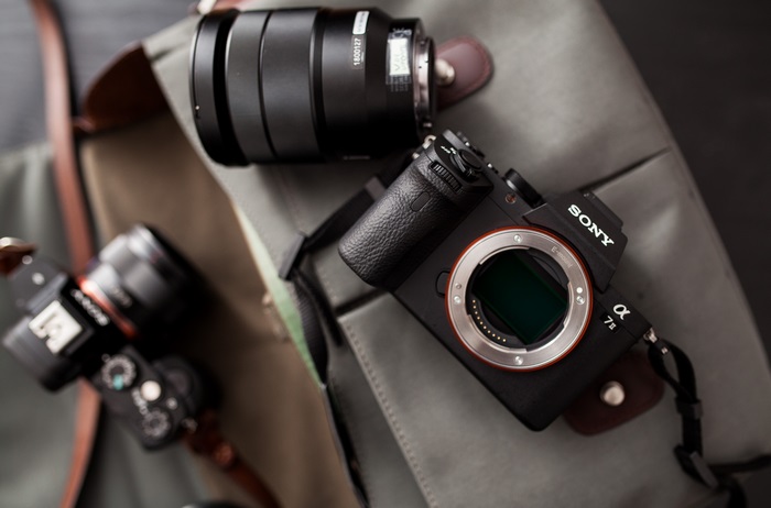 Sony Alpha a7R II camera with lenses on bag