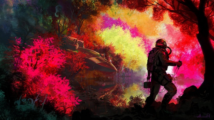Astronaut in a colorful alien forest with a crashed spaceship