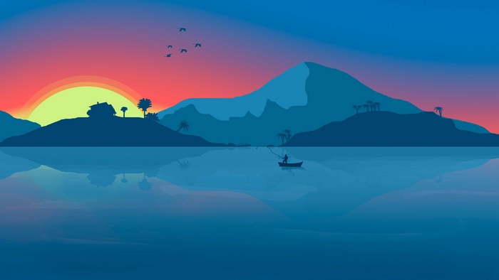 Minimalist 4K sunset over water with mountains