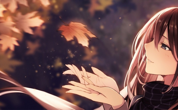 Anime girl with falling leaves in autumn