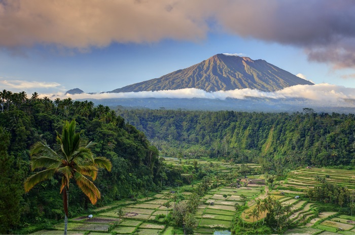 Mount Agung volcano and rice terraces in Bali, 4K