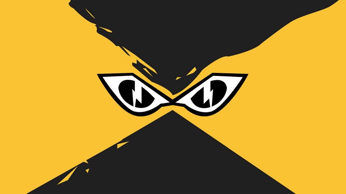 Stylized eyes with lightning bolts on yellow and black background