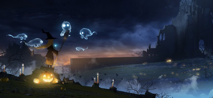 Halloween scene with witch and ghosts