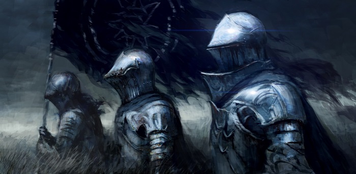 Knights in armor with a banner