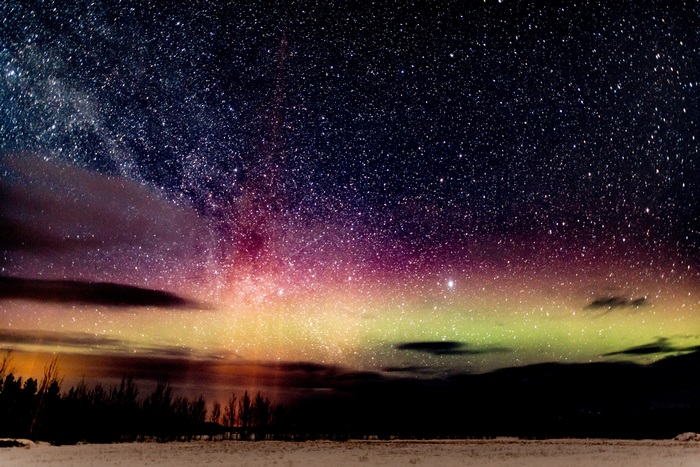 Aurora Borealis over a forest and snowy field