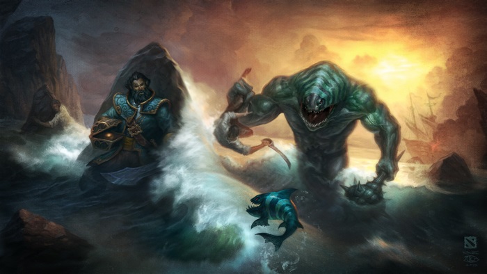 Tidehunter and Kunkka from Dota 2 in a stormy sea
