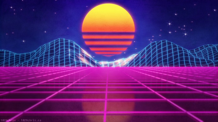 Retro wave grid landscape with sunset and stars