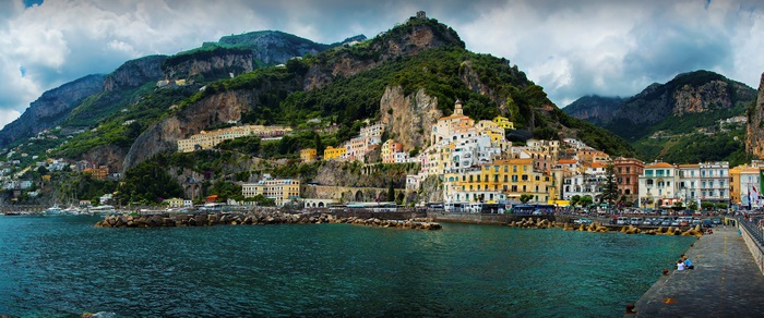 Amalfi Coast town with colorful buildings on a mountainside