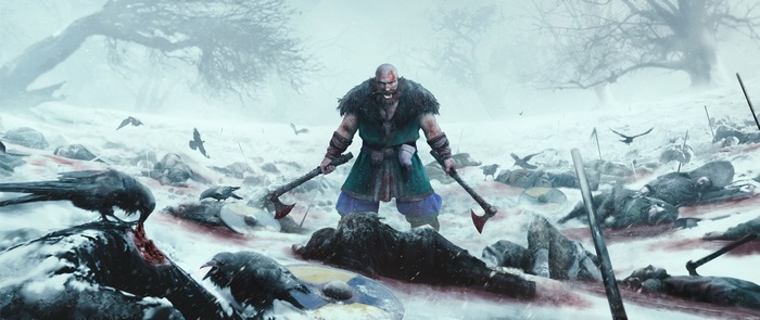 Viking warrior in snowy battlefield with dead soldiers and crows