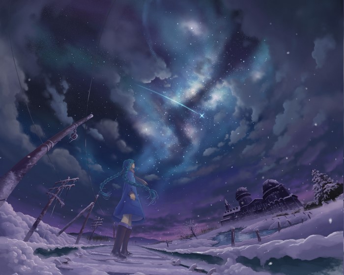 Anime girl watching shooting stars in winter