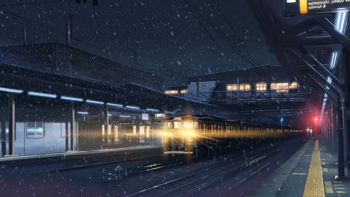 Train station at night with snow, 5 Centimeters Per Second