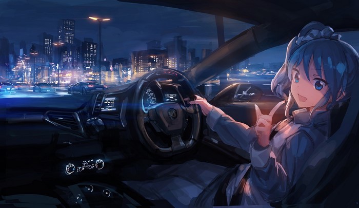 Anime girl driving a Ferrari in a city at night