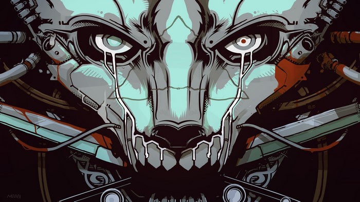 Futuristic cyborg robot skull artwork