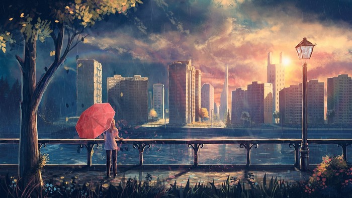Anime girl with red umbrella in rainy city park
