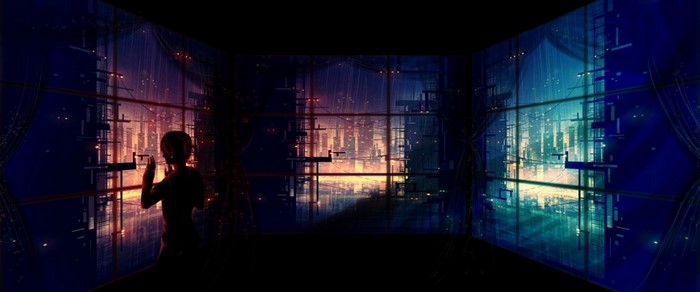Anime girl looking out a futuristic city window at night
