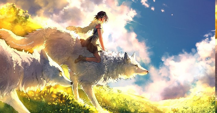 Princess Mononoke Anime Girl Riding Wolves