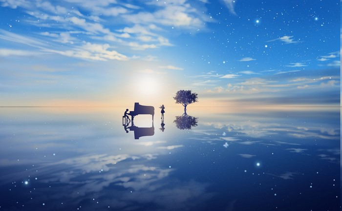 Anime landscape with piano and violin players