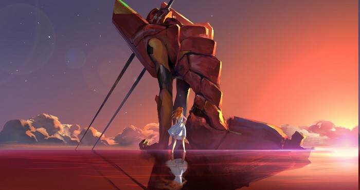 Asuka Langley Soryu and Eva Unit 02 in Neon Genesis Evangelion