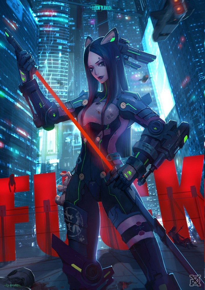 Cyberpunk anime warrior with cat ears and laser sword