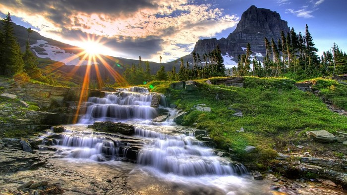 Waterfall in Glacier National Park at Sunrise