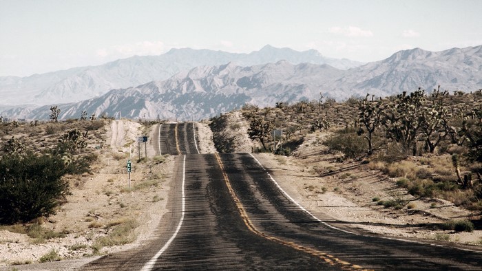 Desert road with Joshua trees and mountains