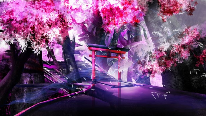 Anime landscape with cherry blossoms and torii gate