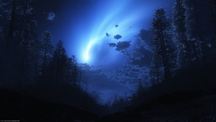 Digital art of a comet in a starry night sky over a forest