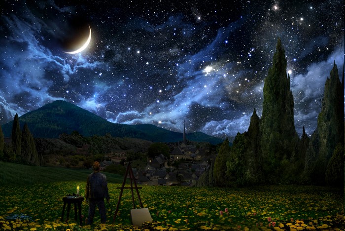 Vincent van Gogh's Starry Night with Crescent Moon