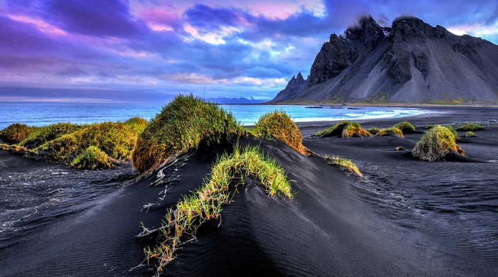 Black sand beach with grass dunes and mountains in Iceland