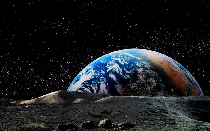 Earth seen from the Moon's surface with stars