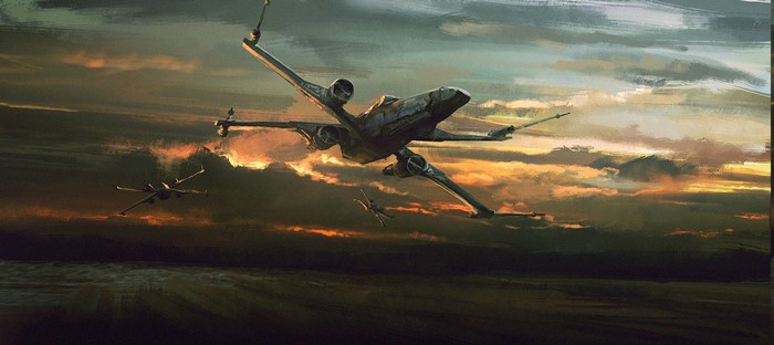 Star Wars X-Wing fighters flying at sunset