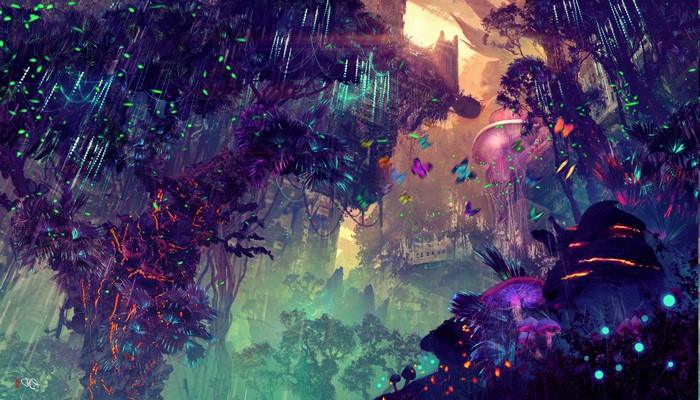 Fantasy forest with glowing plants and butterflies