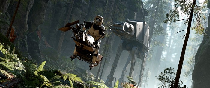 Scout Trooper on Speeder Bike with AT-AT in Star Wars Battlefront