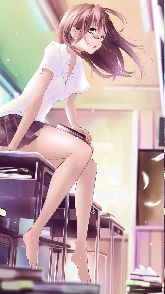 Anime girl with glasses and book in classroom