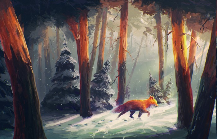 Fox running through a snowy forest with sunlight