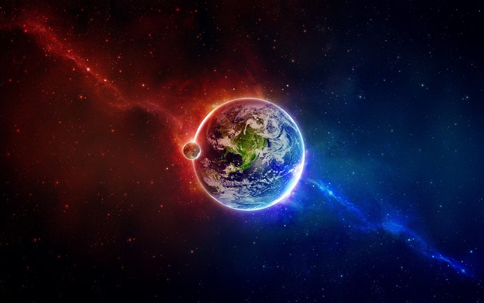 Earth and Moon in Space with Nebulae
