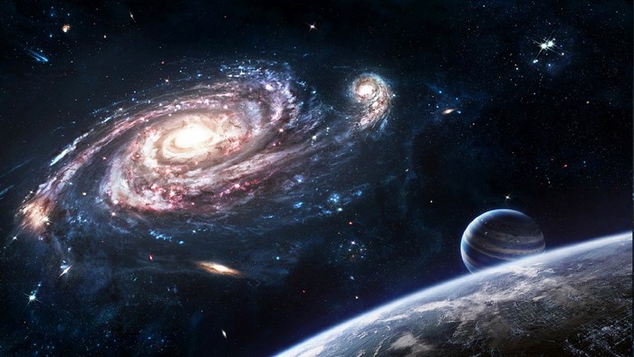Spiral galaxy with planets and stars in deep space